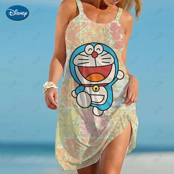 Женское платье на бретельках с принтом Doraemon для летних каникул, пляжное повседневное винтажное платье-качели, пляжная одежда, купальник, пляжное платье