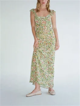 Женское платье до середины икры, новинка 2024 года, с цветочным принтом и оборками, приталенный крой, халатики на бретельках Prairie Chic без рукавов