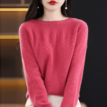 осенне-зимний шерстяной новый женский однотонный теплый вязаный пуловер с круглым вырезом и длинным рукавом