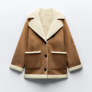 2023 Осенне-зимняя интегрированная куртка средней длины, Модная теплая дубленка с отворотом, Винтажное свободное пальто, парка