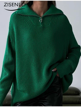 Женский свитер, осень-зима, Новый модный свитер на молнии с длинными рукавами, Вязаный Свободный повседневный пуловер, женская одежда, уличная одежда