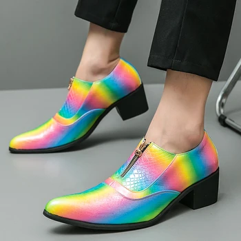 Мужские лоферы с острым носком, Разноцветная молния, толстые вечерние мужские модельные туфли, Размер 39-44, мужская обувь
