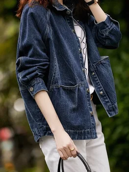 Женская новая короткая Свободная джинсовая куртка в стиле ретро с длинными рукавами, женская однобортная однотонная куртка с высокой талией, пальто, топы Z600