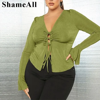 Сексуальная блузка с зелеными воланами на рукавах большого размера Y2K, винтажные рубашки на шнуровке с V-образным вырезом