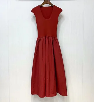 Цельное платье 2023, осеннее модное платье, высококачественное женское трикотажное лоскутное платье длиной до середины икры, повседневное красно-коричневое платье, одежда