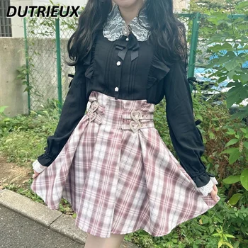 Милая клетчатая короткая юбка в Японском корейском стиле Lolita Love, жаккардовая юбка-клеш, юбка-каваи трапециевидной формы для женщин