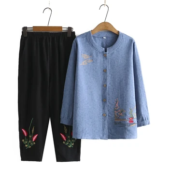 Весенне-летние комплекты для пожилых бабушек, Новая Свободная хлопковая блузка со штанами, двойка, кардиган для мамы среднего возраста, рубашки, костюм 5XL