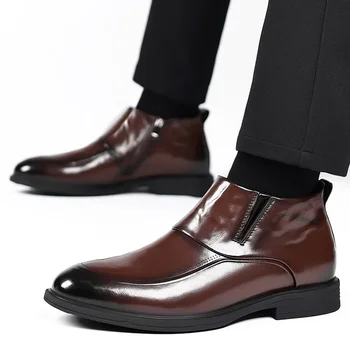 Мужская обувь 2023 Универсальная мужская повседневная обувь Уличная свадебная кожаная обувь с острым носком, боковой застежкой-молнией, на низком каблуке, для шитья, однотонная мужская обувь