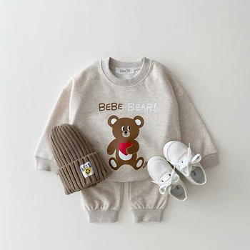 INS 2023 Осенний комплект детской одежды для маленьких мальчиков, толстовка с мультяшным медведем + штаны для бега трусцой, комплект из 2 предметов, костюм для маленьких девочек