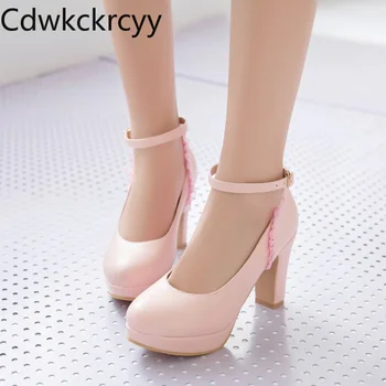 Весенне-осенняя Новая стильная модная Женская обувь на высоком каблуке с круглым носком, Розовая Милая женская обувь с пряжкой на толстом каблуке