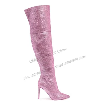 Большие размеры, Розовые Сапоги выше Колена с украшением в виде кристаллов, Женская обувь на Тонком высоком каблуке, Молния сбоку, Острый носок, 2023, Zapatos Para Mujere