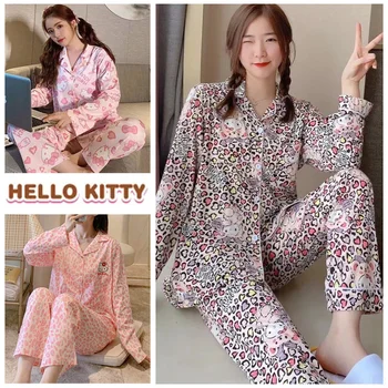 Пижамные комплекты Hello Kitty, высококачественная роскошная шелковая женская пижама, весенне-осенний комплект кардигана с длинными рукавами, модная домашняя одежда