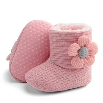 Плюс бархатная утепленная теплая детская обувь, обувь для новорожденных малышей, зимняя детская обувь с цветами, детские хлопчатобумажные сапоги, теплая обувь для малышей