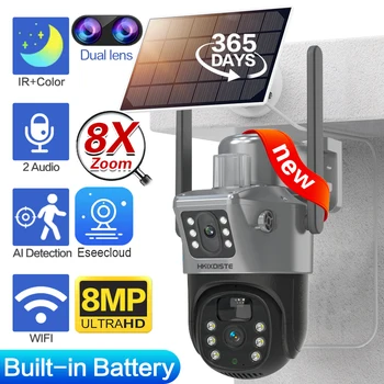 4K 8MP Двухобъективная Солнечная камера с 8-кратным зумом Наружное Красочное Ночное Беспроводное Wi-Fi Видеонаблюдение Защита безопасности IP-камера видеонаблюдения
