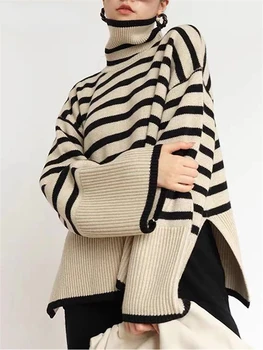 Зимняя Водолазка с боковым разрезом, Пуловер, свитер в полоску, Корейская мода, свободные Трикотажные Повседневные топы уличной одежды N369