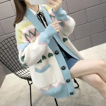 Женский свитер, зимние трикотажные топы с графическим рисунком на пуговицах, Корейская модная тепловая блузка, Новый трикотаж, винтажный холодный кардиган 90-х годов