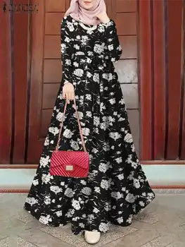 ZANZEA Eid Mubarek Abaya Robe Винтажное Мусульманское Длинное Платье Женское С Длинным Рукавом И Цветочным Принтом Сарафан Хиджаб Vestidos Мусульманская Одежда