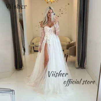 Свадебные платья Viisher Boho с 3D цветами, корсет с косточками, платье невесты с высоким разрезом, Пляжные свадебные платья из мягкого тюля