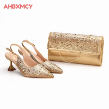 Новое поступление, модные золотистые туфли с острым носком и дизайнерской ручной сумкой, женские босоножки на тонком каблуке, подходящие для свадебной вечеринки