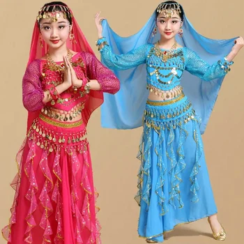 Детские Костюмы для танца живота для девочек, Детские костюмы для танца живота для девочек, Индийское представление в Болливуде, Комплект одежды ручной работы для девочек из Индии