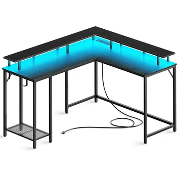Игровой стол SUPERJARE L-образной формы с Розетками питания и светодиодной Подсветкой, Компьютерный стол с Подставкой для монитора и Полкой Для хранения, Домашний