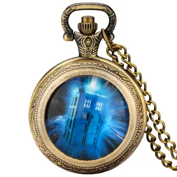 Аниме-часы бронзовые среднего размера, синяя телефонная будка, подвеска, кварцевые карманные часы, подарки для косплея для фанатов с цепочкой-ожерельем длиной 80 см