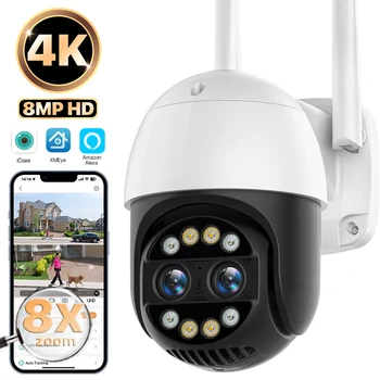 8-Мегапиксельная IP-камера 4K WiFi Security CCTV Camera С Двойным Объективом, 8-Кратным Цифровым Зумом, Цветная Камера Ночного Видения IP66, Камера Наружного наблюдения iCSee