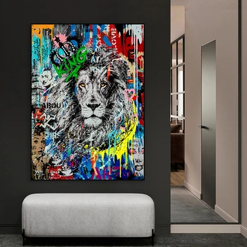 Художественный плакат с абстрактным животным Львом, красочный поп-стрит-арт, абстрактные принты, Граффити, поп-арт, холст, живопись, Декор для спальни и офиса