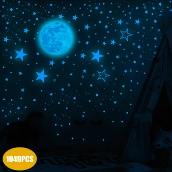 Светящиеся наклейки, светящаяся луна, звезды, точки, флуоресцентные наклейки, самоклеящийся мультфильм, украшение детской комнаты