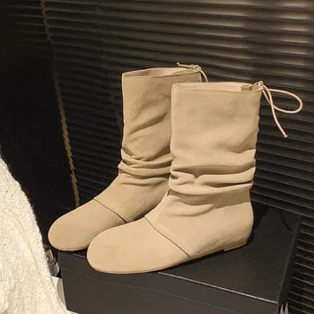MKKHOU/ Модные полусапожки, женские новые высококачественные замшевые ботинки с круглым носком и плоской подошвой, современные зимние ботинки в индустриальном стиле.