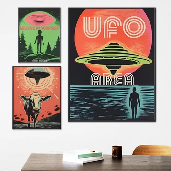 Абстрактный Плакат с Инопланетянином, Винтажный НЛО, Настенное Искусство, Холст, Живопись, Принт 