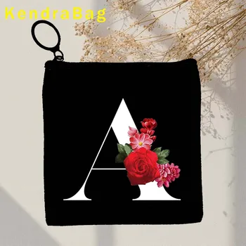 Начальная буква с цветочным рисунком, черный от А до Я, английский алфавит, цветочный принт, ключ, кошелек для монет, холщовая сумка, хлопчатобумажные сумки, кошелек на молнии, подарки