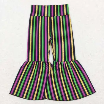 Оптовые Детские Фиолетово-зеленые полосы, Длинные расклешенные брюки, Весенняя одежда для малышей, Брюки для маленьких девочек, Детская одежда для Марди Гра