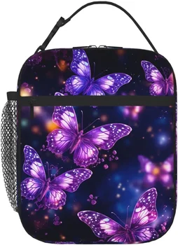 Фиолетовая изолированная сумка для ланча с милой бабочкой, многоразовые сумки-тоут для ланча, герметичный ланчбокс Большой емкости для работы, путешествий на открытом воздухе