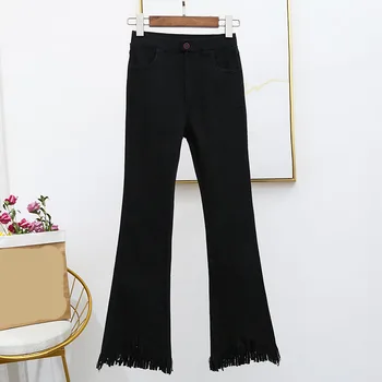 Черные расклешенные джинсы с кисточками и высокой талией, женские Весенне-осенние Корейские новые модные джинсовые брюки в стиле ретро длиной до щиколоток, прямые джинсы
