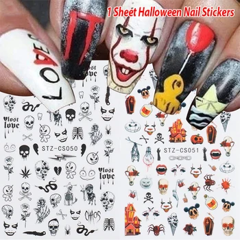 Наклейка для ногтей на Хэллоуин Аниме Жуткий череп Слайдеры для ногтей Дизайн фильма ужасов Призрак тыквы Змеи Наклейки Фольга