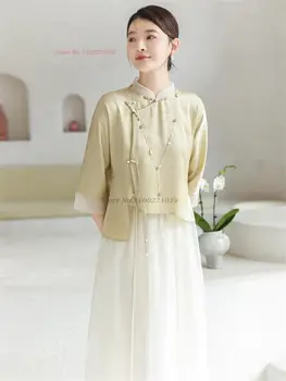 2024 китайский традиционный набор hanfu национальный атласный ципао топы + юбка комплект ретро чайный сервиз для медитации hanfu oriental tang suit