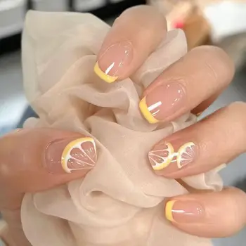 Уникальный желтый край с Лимонным рисунком, Короткие Квадратные накладные ногти, французские накладные ногти, съемные кончики для ногтей, инструмент для маникюра своими руками