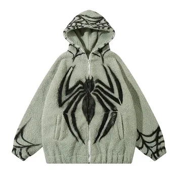 Винтажная зимняя толстовка с принтом паука, мужская хип-хоп Харакудзу, теплый пуловер, пальто на флисовой подкладке