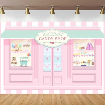 Фон для фотосъемки в Кондитерской для девочек Pink Candyland Sweet Lollipop Shoppe Фон для вечеринки по случаю Дня рождения, Стол с воздушными шарами, Десерт