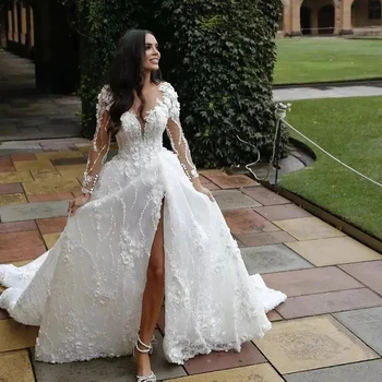 Арабское свадебное платье с длинными рукавами, расшитое бисером, кристаллы, кружевные свадебные платья, свадебное платье с цветочным рисунком, Сшитое на заказ