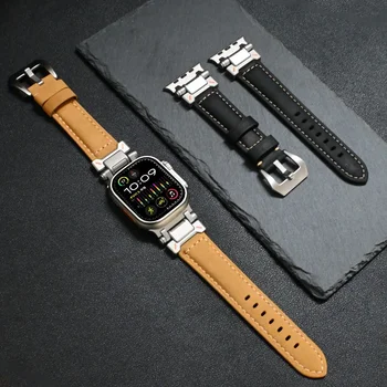 Классный Механический Ремешок из Натуральной Кожи для Apple Watch Band Ultra 2 49 мм 45 мм 44 мм 42 мм Браслет Correa Iwatch Series 9 8 7 6 5 4 Se 3