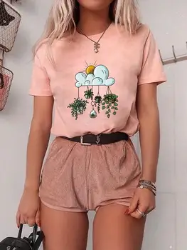 Женские футболки с принтом, женская модная одежда, повседневный растительный тренд 90-х, милая женская футболка с коротким рукавом, графическая футболка