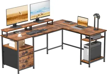 66-дюймовый L-образный стол с электрической розеткой, реверсивный компьютерный стол с ящиком для файлов и 2 подставками для мониторов, офисный стол с полками для хранения