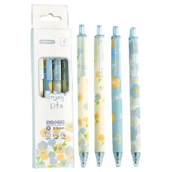 Гелевые ручки с черными чернилами 4шт 0,5 мм, милые ручки с ботаническим цветочным рисунком для ведения дневника, канцелярские принадлежности для учащихся школьного офиса