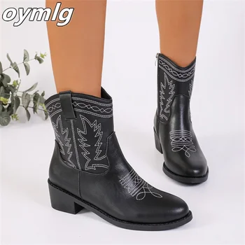 Низкие женские ковбойские ботинки в стиле Вестерн 2023, осень/зима, Новые рыцарские ботинки с большой вышивкой, женские короткие ботинки на толстом каблуке с квадратным носком