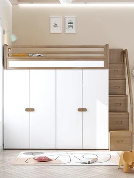 Верхние и нижние кровати из белого вощеного дерева со встроенным небольшим шкафом, верхние и нижние двухъярусные кровати, кровати из массива дерева