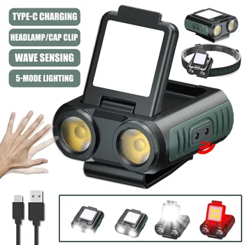Зажим для крышки фары со светодиодным датчиком, белый, красный, свет, встроенный аккумулятор типа C, перезаряжаемый головной фонарик для кемпинга, рыбалки.