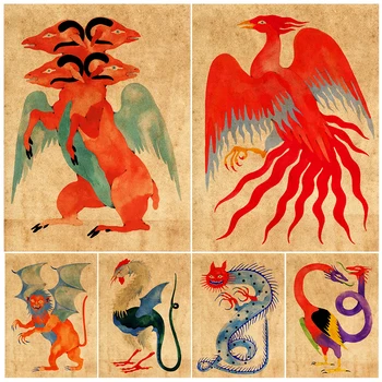 Таинственные существа из мифологии Винтажная настенная живопись на холсте с изображением легендарных волшебных существ, художественный плакат, печать домашнего декора