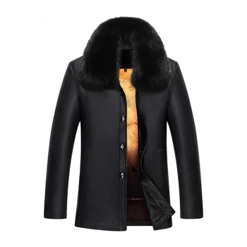 6877 Новая мужская зимняя одежда Куртка из овчины и натуральной кожи, пальто с норковым воротником, кроличий мех, толстая подкладка, норковая шуба